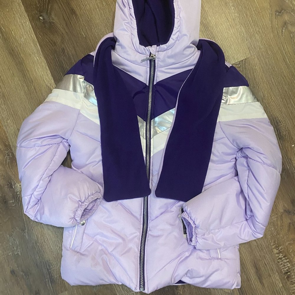 London Fog Girls Chevron Metallic Bubble Jacket with Scarf